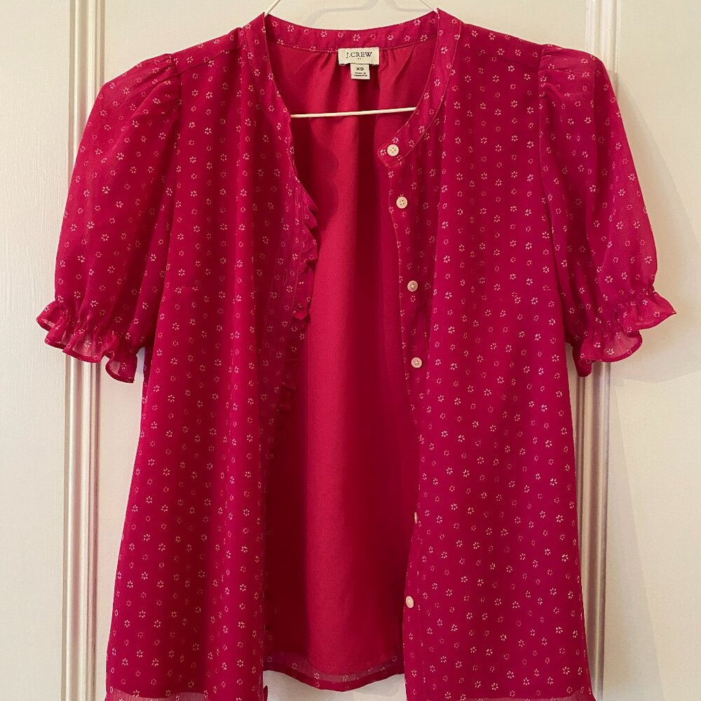 J Crew Factory short-sleeved blouse.  Deep pink with small white design